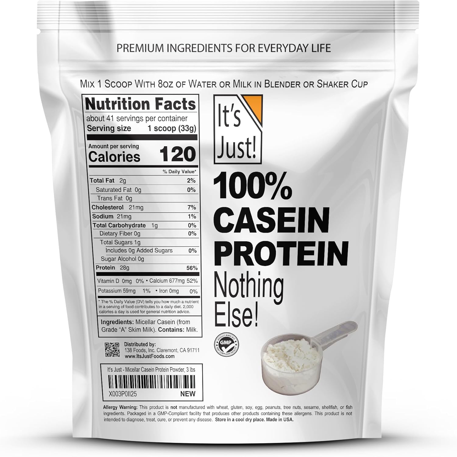 It's Just! - 100% Casein Protein Powder, Made in USA, One Ingredient, Slow Burning, Time Release, 6.9g BCAAs, 1g Carb, Non-GMO (Unflavored, 3lbs/48oz)