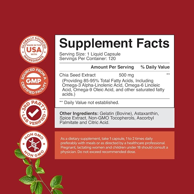 Chia Seed Oil Extract Capsules - Plant Based Omega 3 6 9 Supplement and Daily Fiber Capsules for Digestive Support Immunity and Heart Health - Omega 3 Fatty Acids Supplement for Men and Women - 120ct
