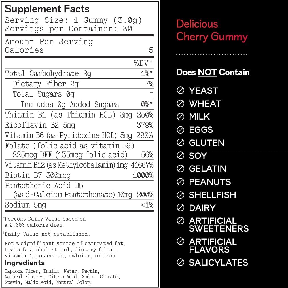 Barker Wellness Vitamin B-Complex Gummies | Energy & Metabolism Support | B1, B5, B6, B7, B9, B12 | Vegan, Sugar-Free | Cherry Flavor | 30 Gummies
