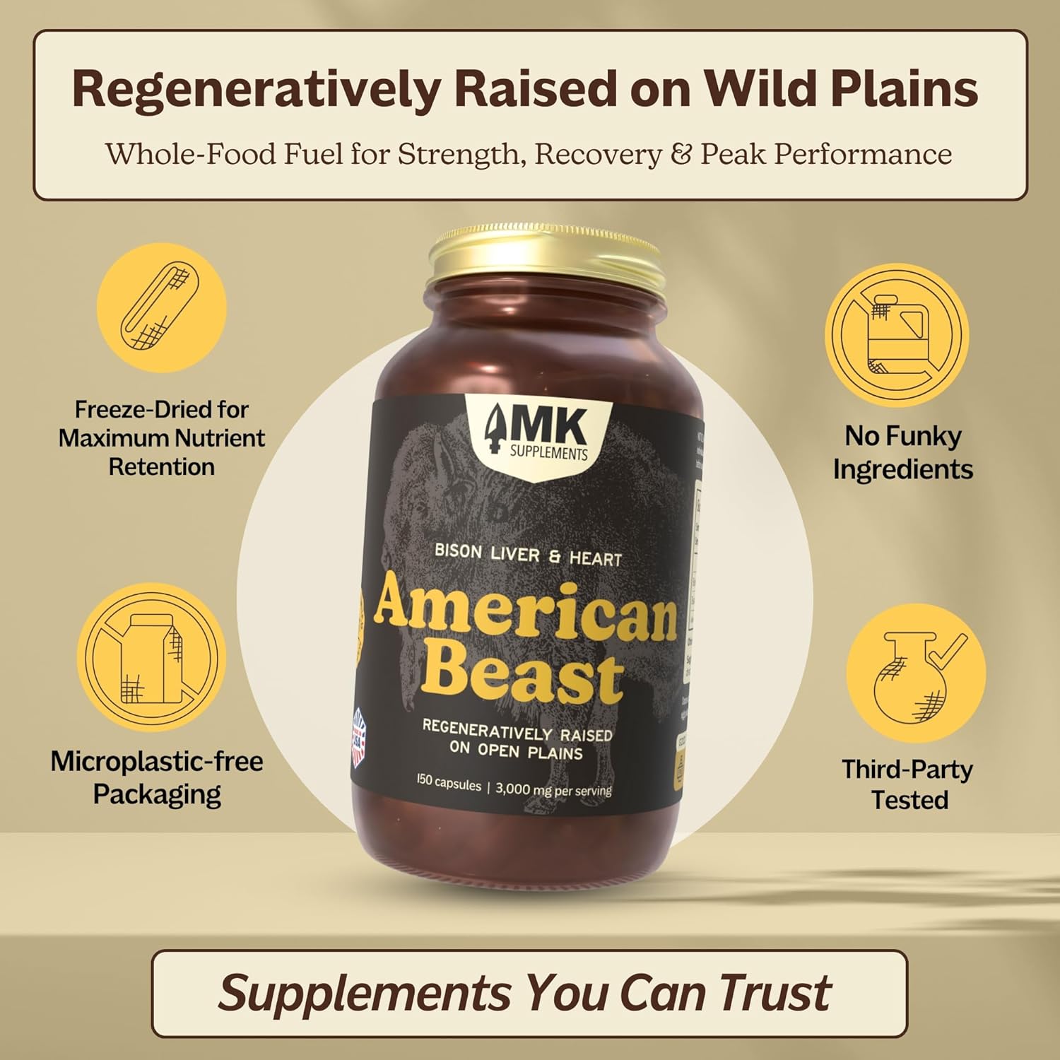MK Supplements American Beast – Strength, Endurance & Recovery Support – 150 Capsules (30 Servings) – Freeze-Dried American Bison, 100% Grass-Fed, Bison Liver and Bison Heart, Whole-Food Formula