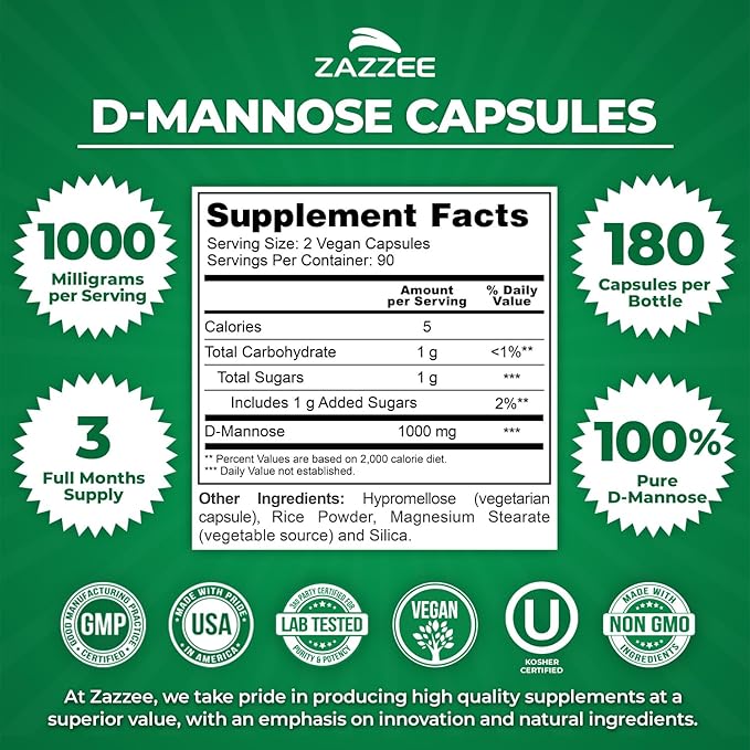 Zazzee D-Mannose, 1000 mg per Serving, 180 Vegan Capsules, 3 Month Supply, Potent & Fast-Acting, Certified Kosher, 100% Pure, All-Natural Urinary Tract Health Support, 100% Vegetarian, Non-GMO