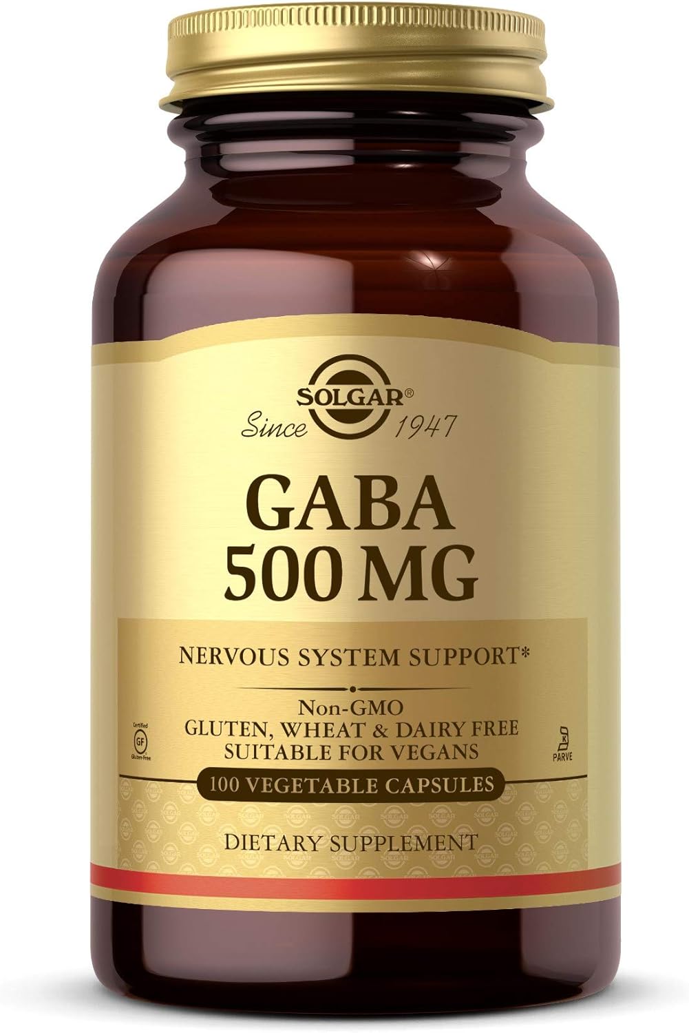 Solgar GABA 500 mg, 100 Vegetable Capsules - Relaxation & Nervous System Support - Amino Acid - Non-GMO, Vegan, Gluten Free, Dairy Free, Kosher - 100 Servings