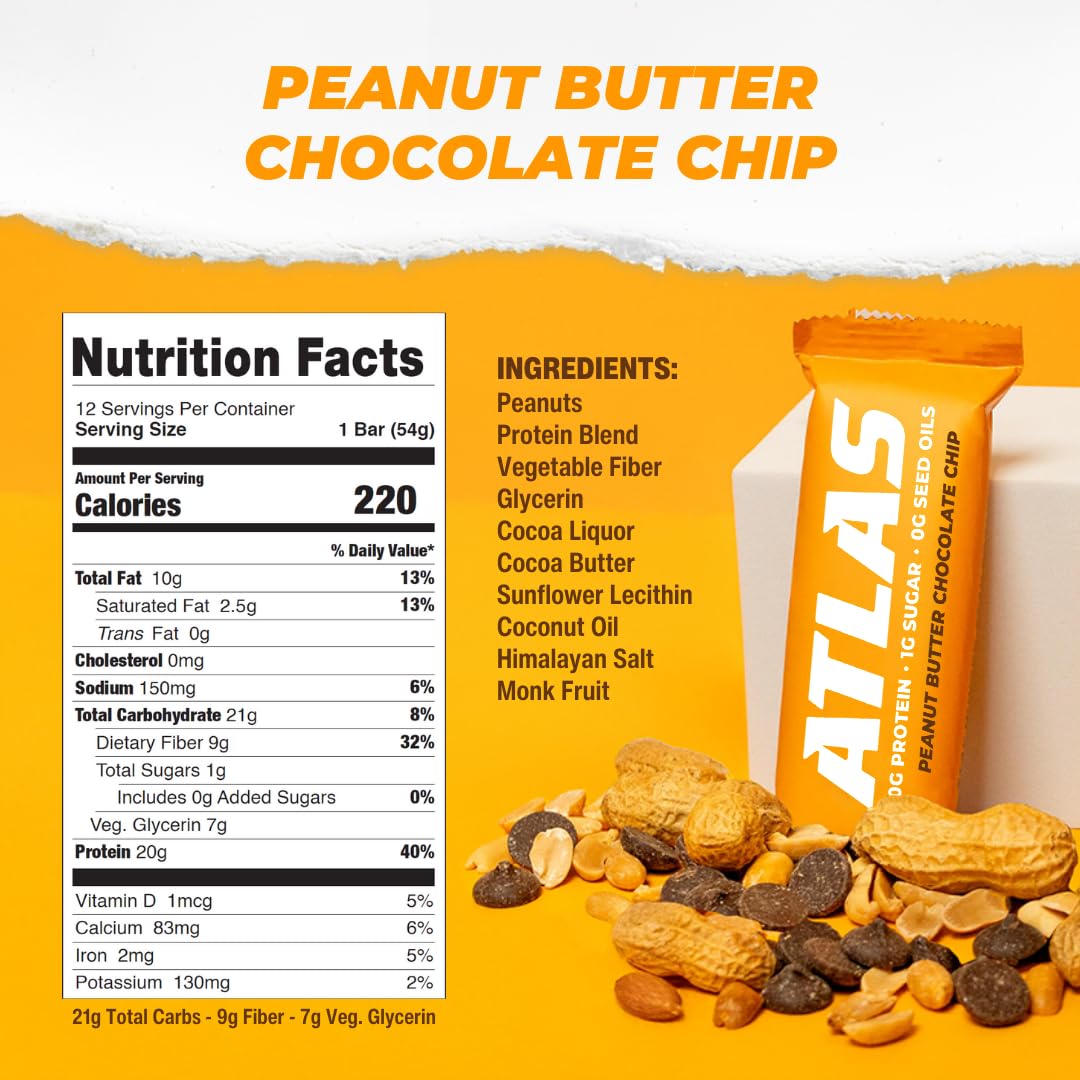 Atlas Bar – 20g Protein, 1g Sugar, 0g Seed Oils, 0g Artificial Sweeteners (Peanut Butter Chocolate Chip, 24 Count)