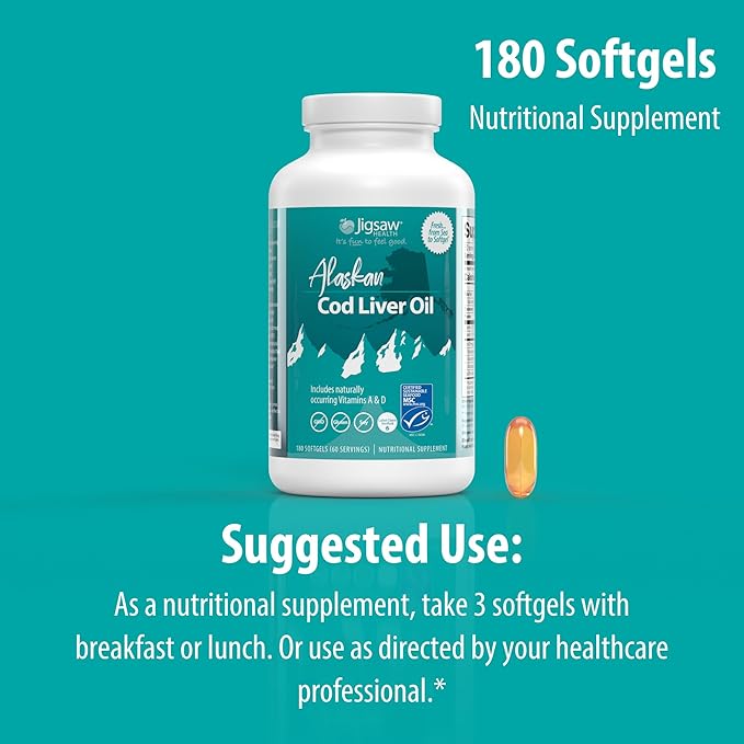 Jigsaw Health Alaskan Cod Liver Oil | 900 mg Omega-3s with EPA, DHA, and DPA | Includes Naturally Occuring Vitamins A & D | 180 Softgels | 60 Servings