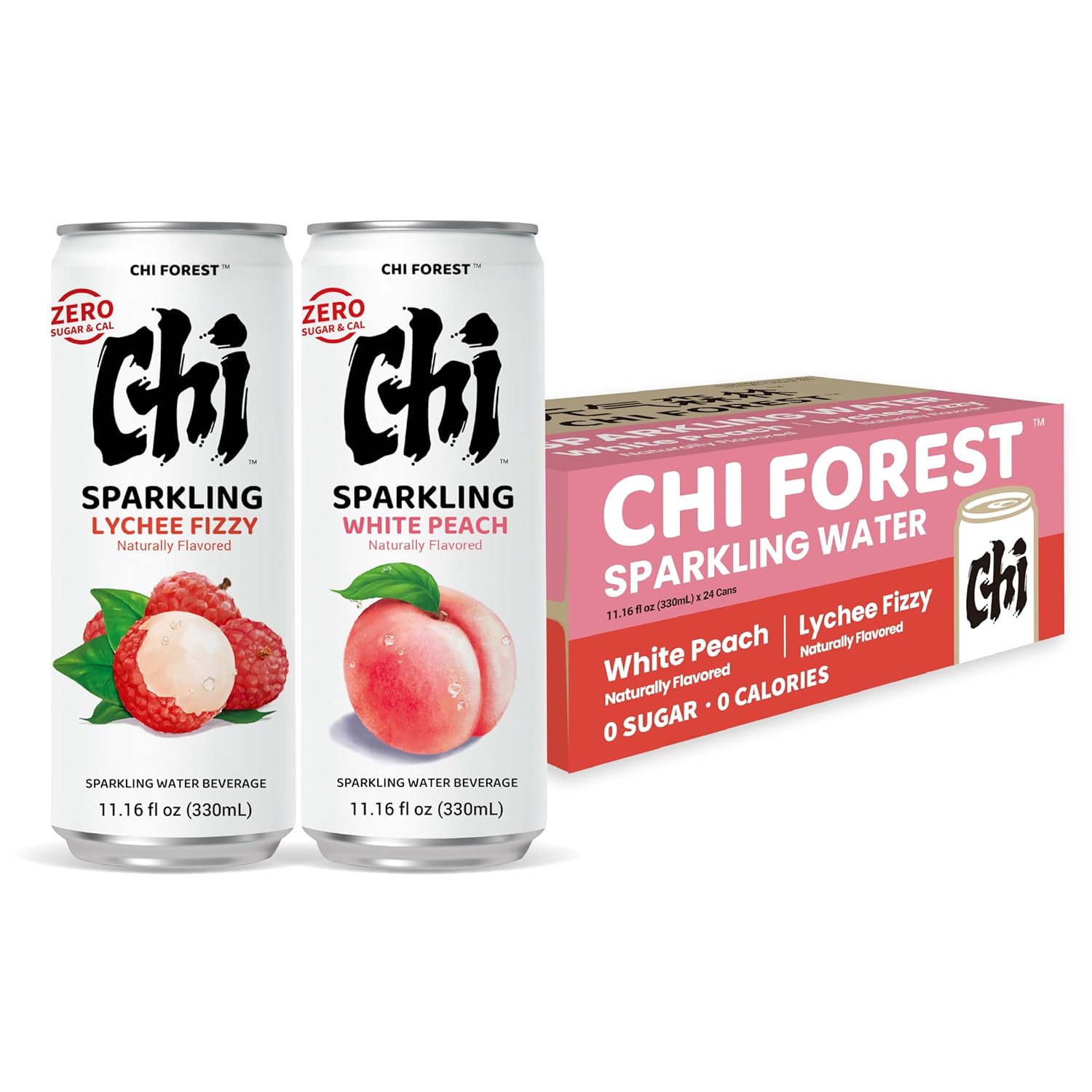 CHI FOREST Sparkling Water Beverage, Lychee & White Peach, 2 Flavors, Zero Sugar, 11.16 fl oz Cans (Pack of 24)