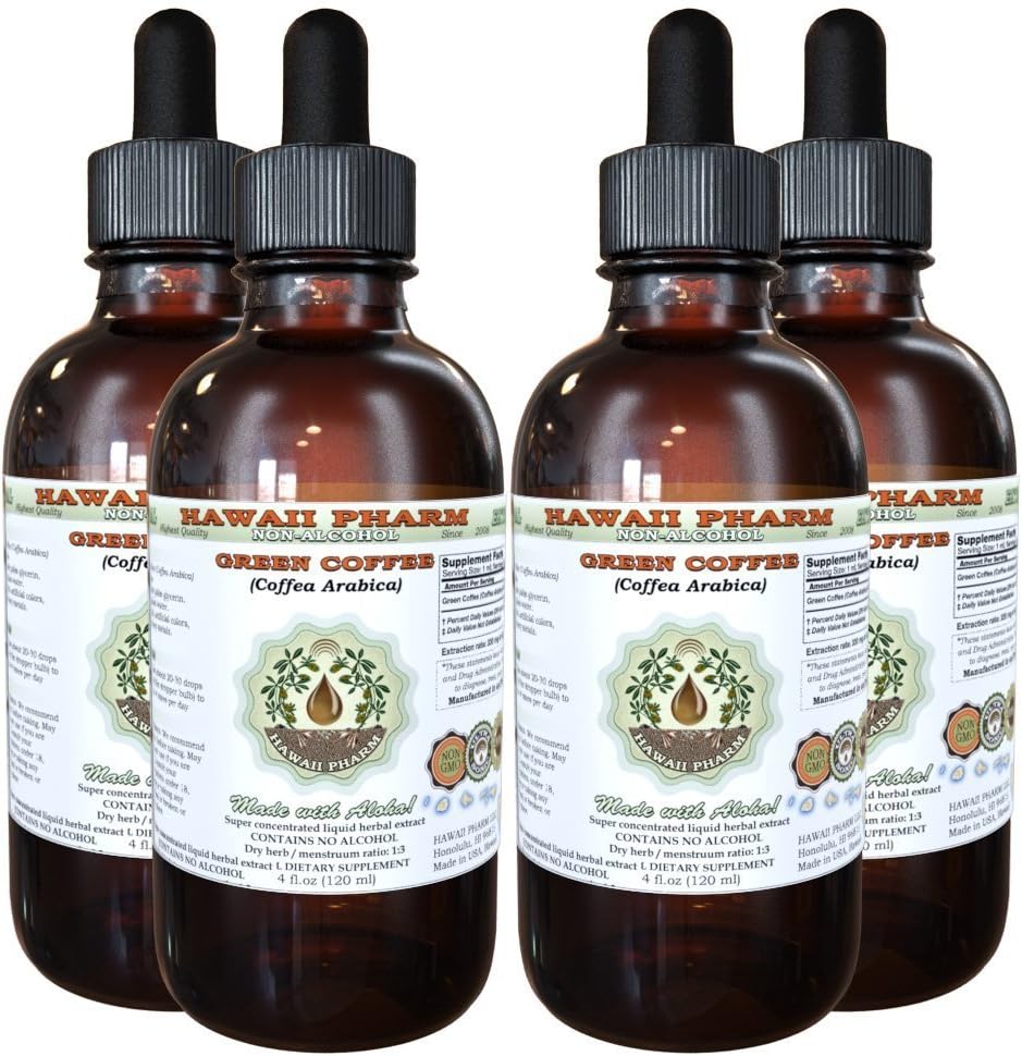 Green Coffee Alcohol-Free Liquid Extract, Green Coffee (Coffea Arabica) Dried Bean Glycerite Hawaii Pharm Natural Herbal Supplement 4x4 oz