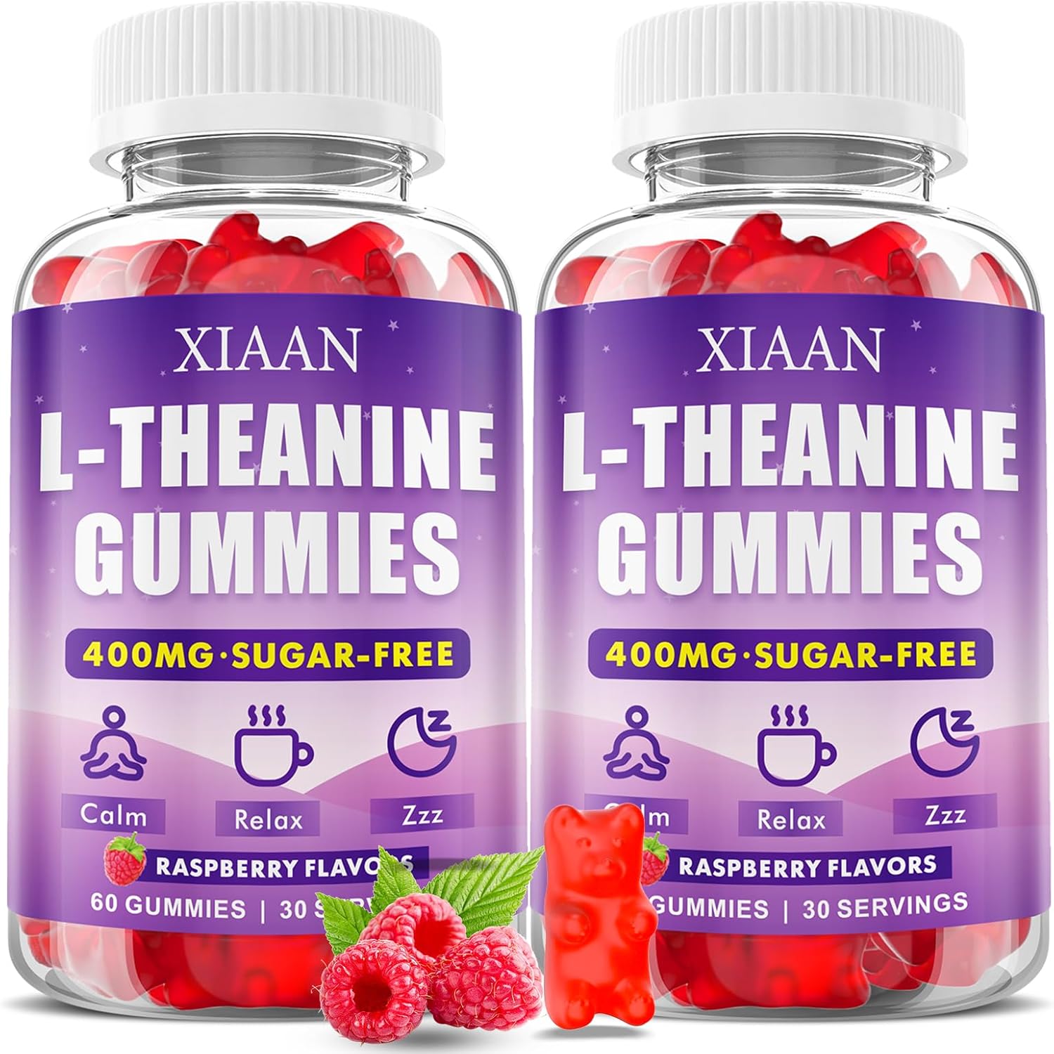 L-Theanine Gummies for Kids & Adults, L'Theanine 400mg Chewable L Theanine Supplement for Calm, Zzz & Relaxation Support, Vegan, Organic, Raspberry Flavor, 120 Counts