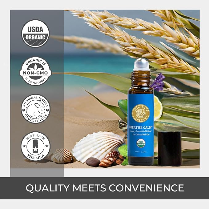 Silk Road Organic Breathe Calm Essential Oil Breathe Easy Blend Roll On, 100% Pure USDA Certified Aromatherapy for Cold, Cough, Congestion, Allergy Relief, & Wellness - 10 ml Roller
