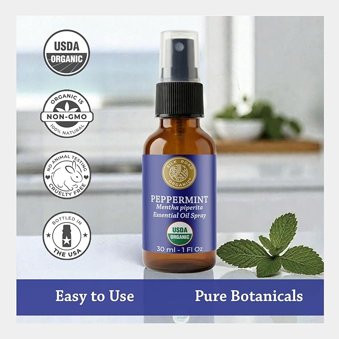 Silk Road Organic Peppermint Essential Oil Spray, USDA Certified, for Nausea, Morning Sickness, Focus & Head Tension - 1 Oz. Aromatherapy Spray