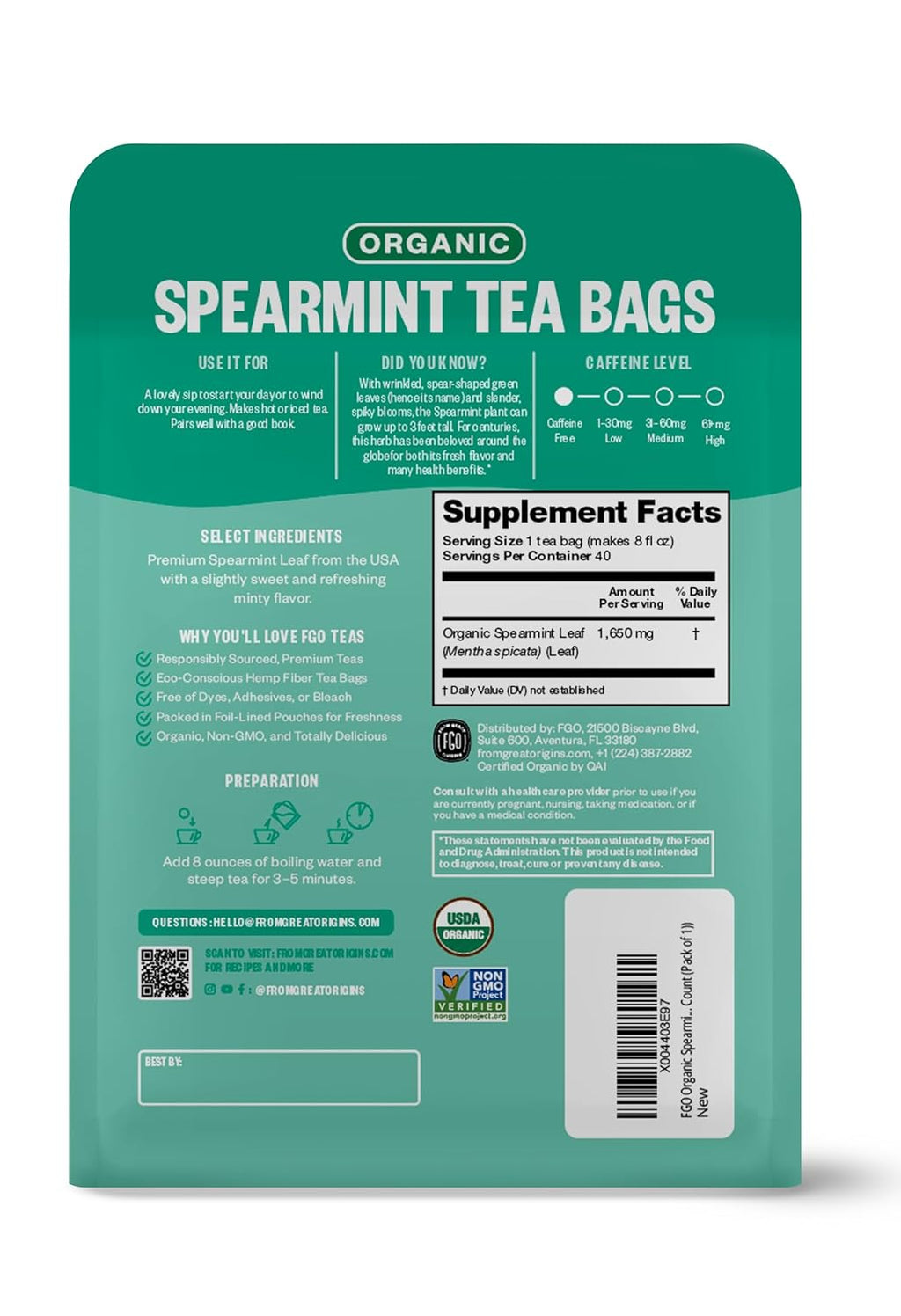 FGO Organic Spearmint Leaf Herbal Tea, 40 Count, Eco-Conscious Tea Bags, Caffeine Free, (Pack of 1)