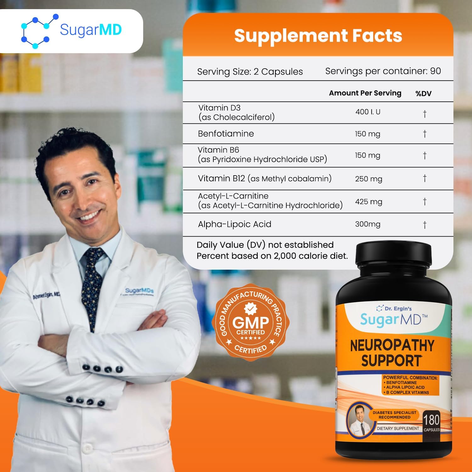 SugarMD Neuropathy Support Supplement – 180 Nerve Supplement Capsules with Alpha Lipoic Acid, Benfotiamine & Vitamin D3 B6 B12 - Nerve Support Supplement for Feet Hands Fingers & Legs - 90 Day Supply