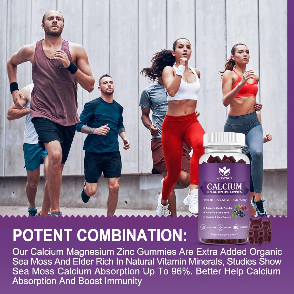 Calcium Magnesium Zinc Gummies with Vitamin D3 - High Absorption Complex Calcium Supplement with Sea Moss, Elderberry for Bone, Muscles, Immune, Mood & Sleep Support, Vegan - 60 Gummies (3 Pack)
