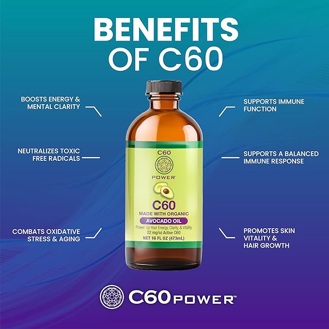 C60 Power C60 in Organic Avocado Oil - Natural Wellness & Antioxidant Support for Men & Women, 99.99% Pure Carbon Fullerenes, Promotes Energy, Mental Clarity, & Stamina - 16 fl oz Bottle