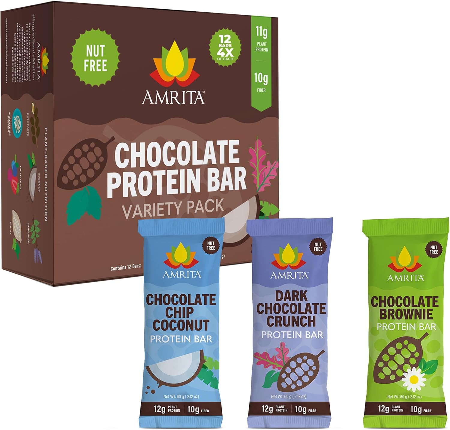 Amrita Nut Free Chocolate Variety Pack Vegan Protein Bars (12 Count) | 12g Plant-Based Protein Bar | Peanut Free, Gluten Free, and Dairy Free | Low Sugar, High Fiber, Healthy School-Safe Snacks