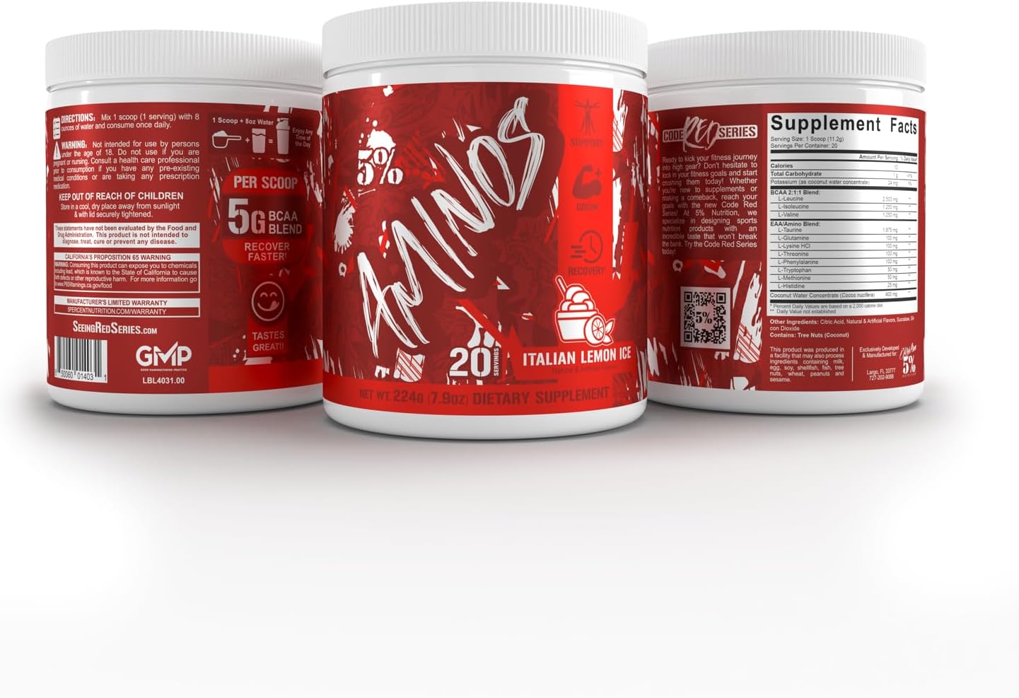 5% Nutrition Code Red Aminos BCAA & EAA Post Workout Recovery Powder | Full Spectrum Essential Amino Acid Complex for Men & Women (Italian Lemon Ice)