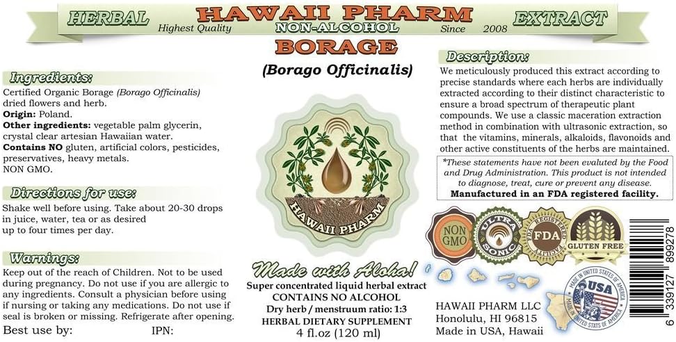 Borage Alcohol-Free Liquid Extract, Borage (Borago Officinalis) Dried Flower and Herb Glycerite Hawaii Pharm Natural Herbal Supplement 2 oz
