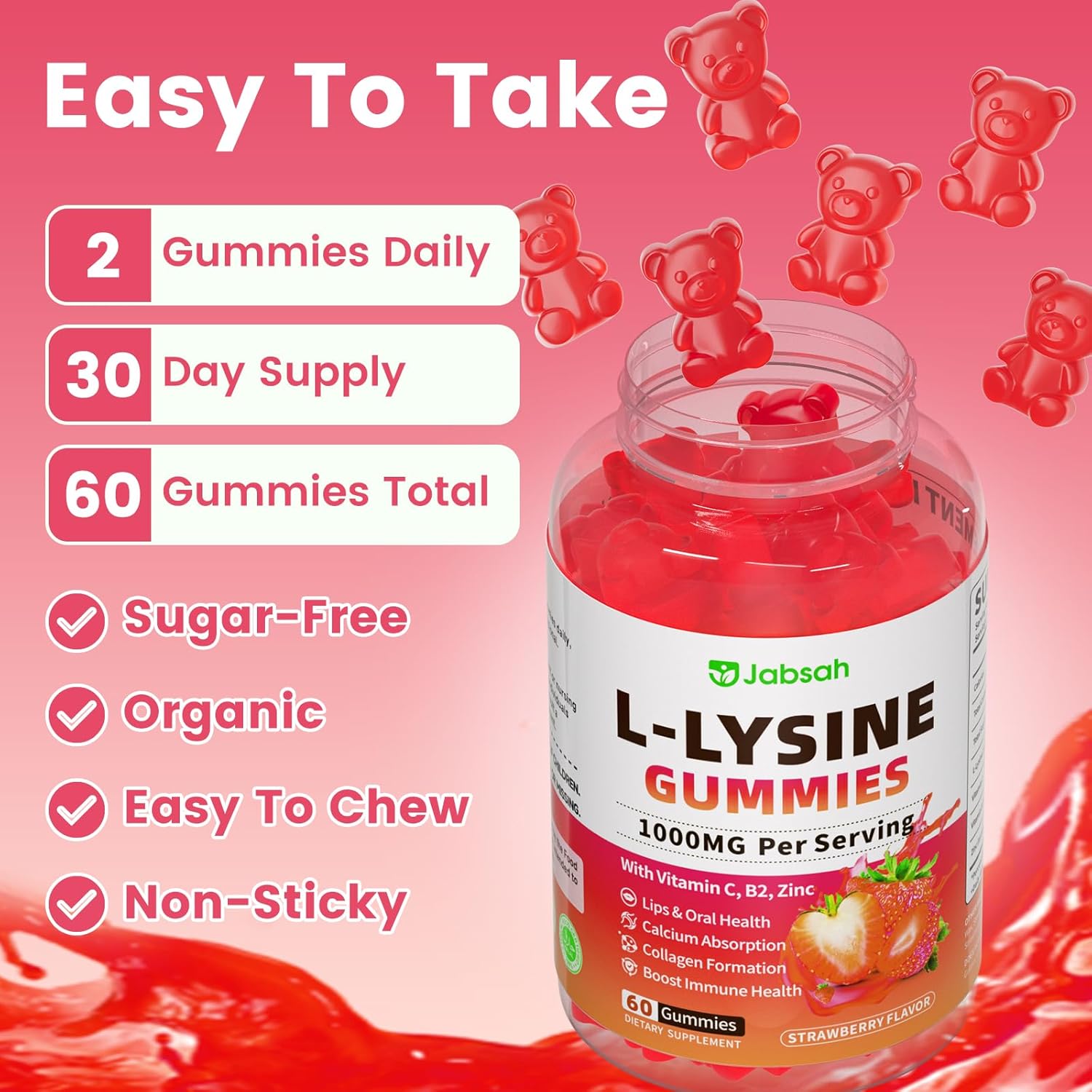 L-Lysine Gummies 1000 mg for Kids and Adults, L-Lysine Supplements with Vitamin C, B2 for Lips & Oral Health, Immune Support & Collagen & Calcium- Vegan, Non GMO, Strawberry Flavor, 60 Count