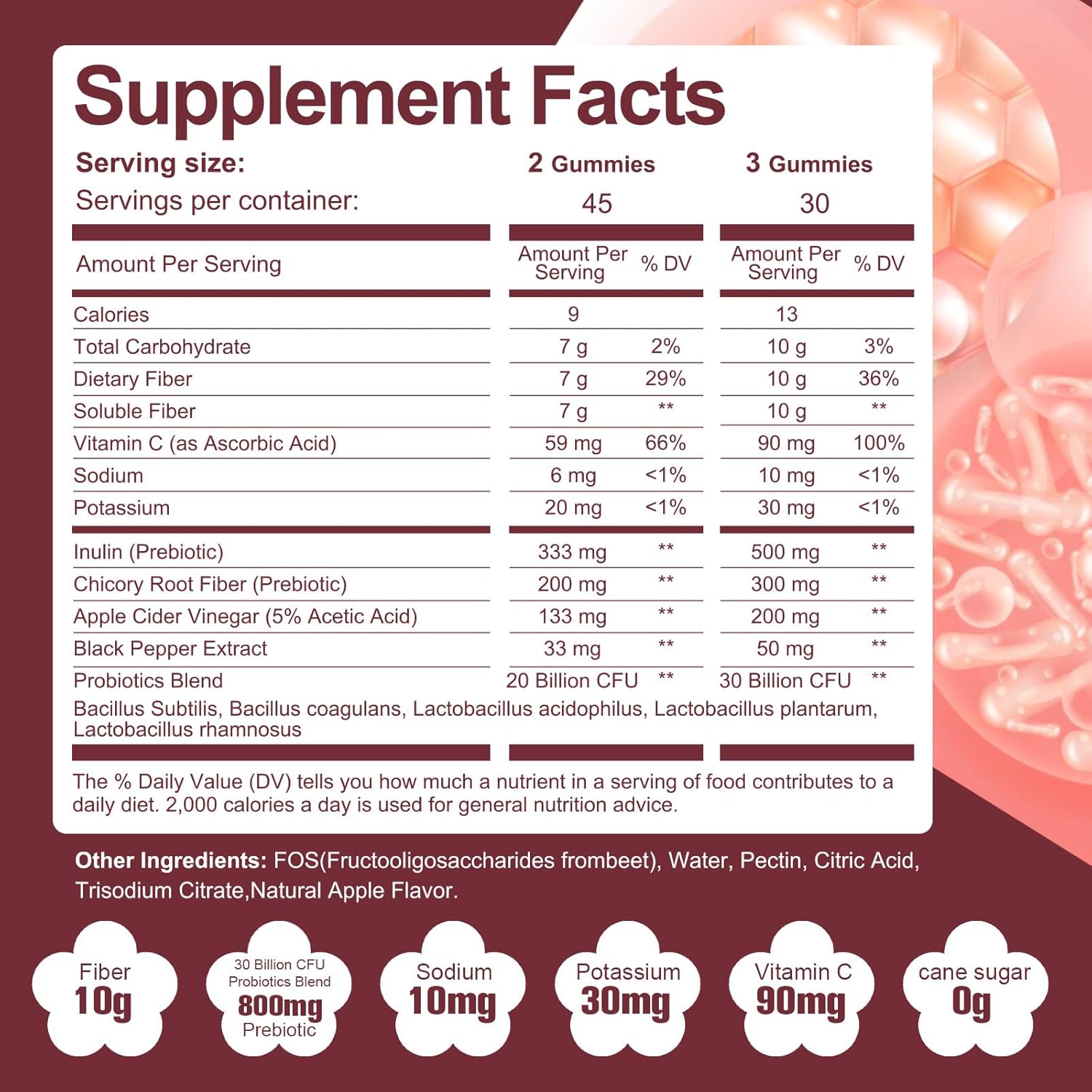 Sugar Free Fiber Supplement, 10g Fiber Gummies for Adults, Apple Flavor with Probiotics, Vitamin C, ACV, Inulin, Support Digestive Health, 90 Count (Pack of 2)
