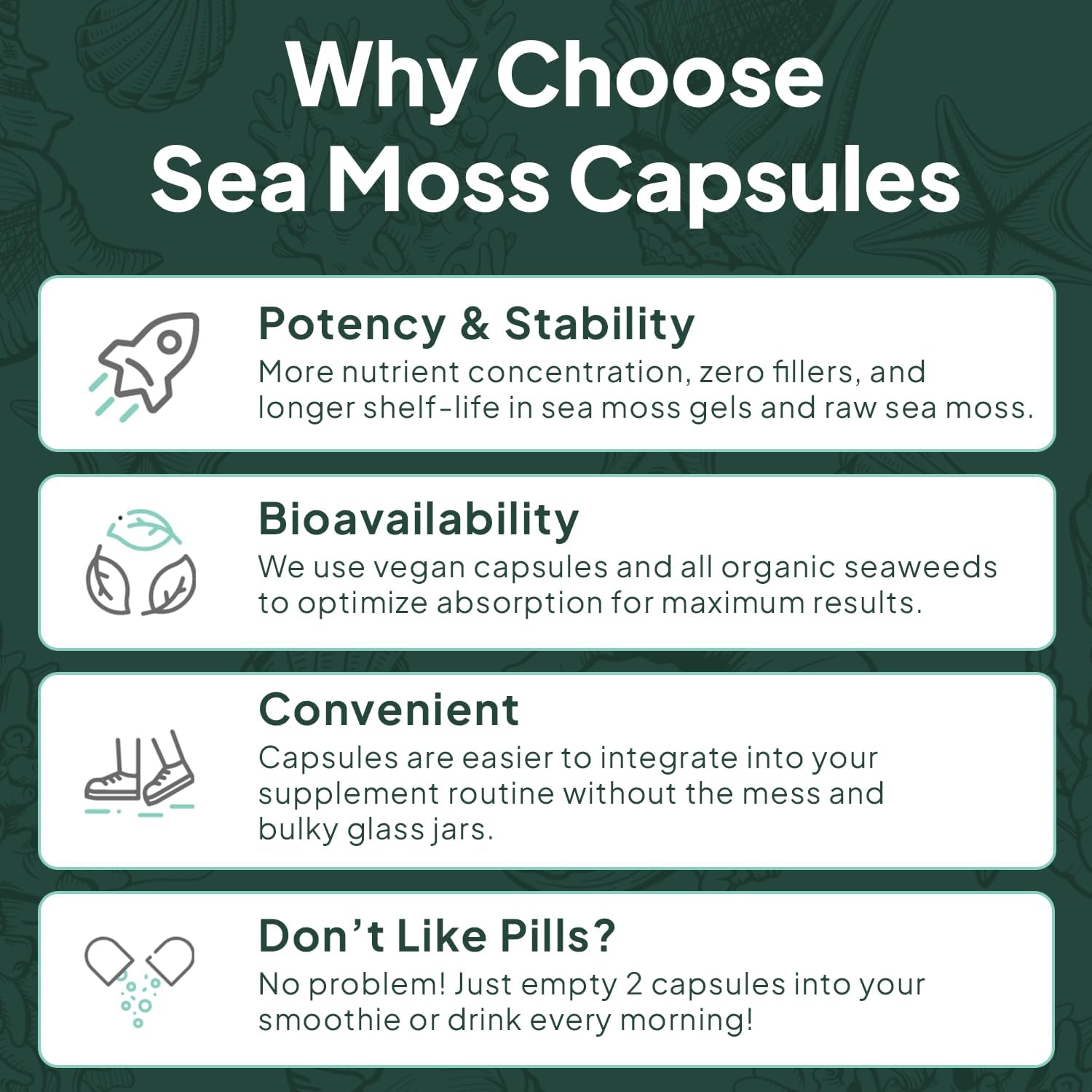 Wild Sea Moss Capsules - 100% Organic Irish Sea Moss with Organic Chlorella, Bladderwrack and Vitamin D for Energy, Lung Health and Thyroid Support for Women and Men - 3 Bottles