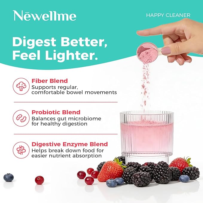 NEWELLME Happy Cleaner Digestive Supplement Powder, Gut Health Drink Mix with Probiotics, Digestive Enzymes & Fiber, Supports Digestion and Bloating, Berry Flavor, 28 Sachets (2 Boxes)