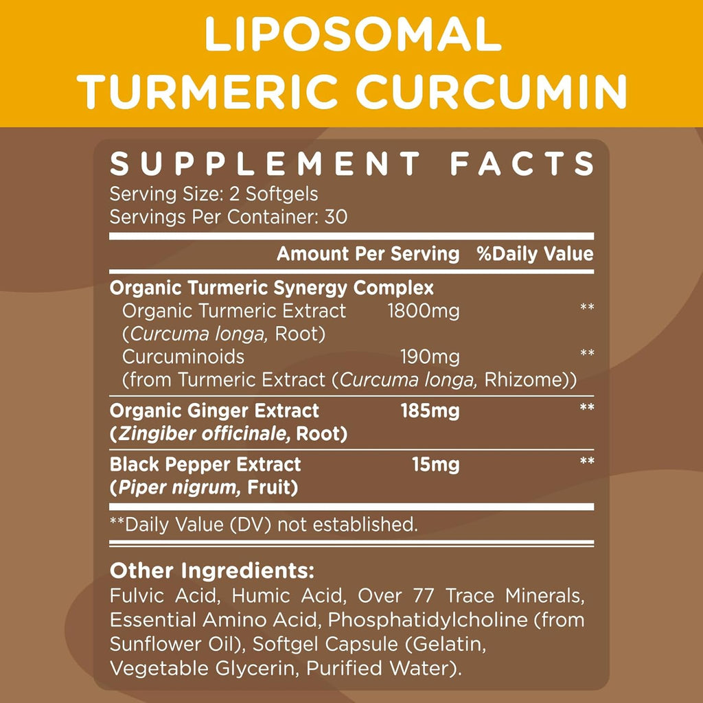 Liposomal Turmeric Curcumin 2200 mg with Black Pepper for Enhanced Absorption and Joint Support, 60 softgels (2 Bottles)