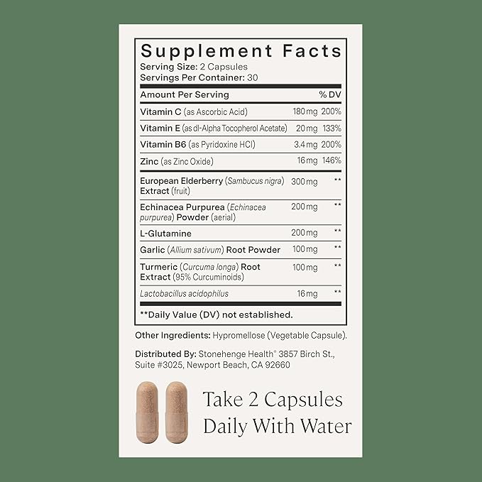 Stonehenge Health Dynamic Immunity Daily Supplement 10-in-1 Immune Boosters Zinc, Elderberry, Echinacea, Vitamin C & Probiotic L. Acidophilus – Supports Immune System & Respiratory Health, 60 Capsules