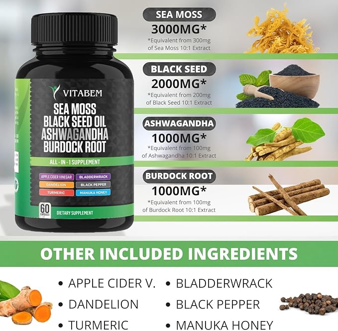 Sea Moss Black Seed Oil Ashwagandha Turmeric Bladderwrack Burdock Root | Advanced Sea Moss Capsules All in One Supplement with Seamoss Black Seed Oil Burdock Root Capsules - 60 Count