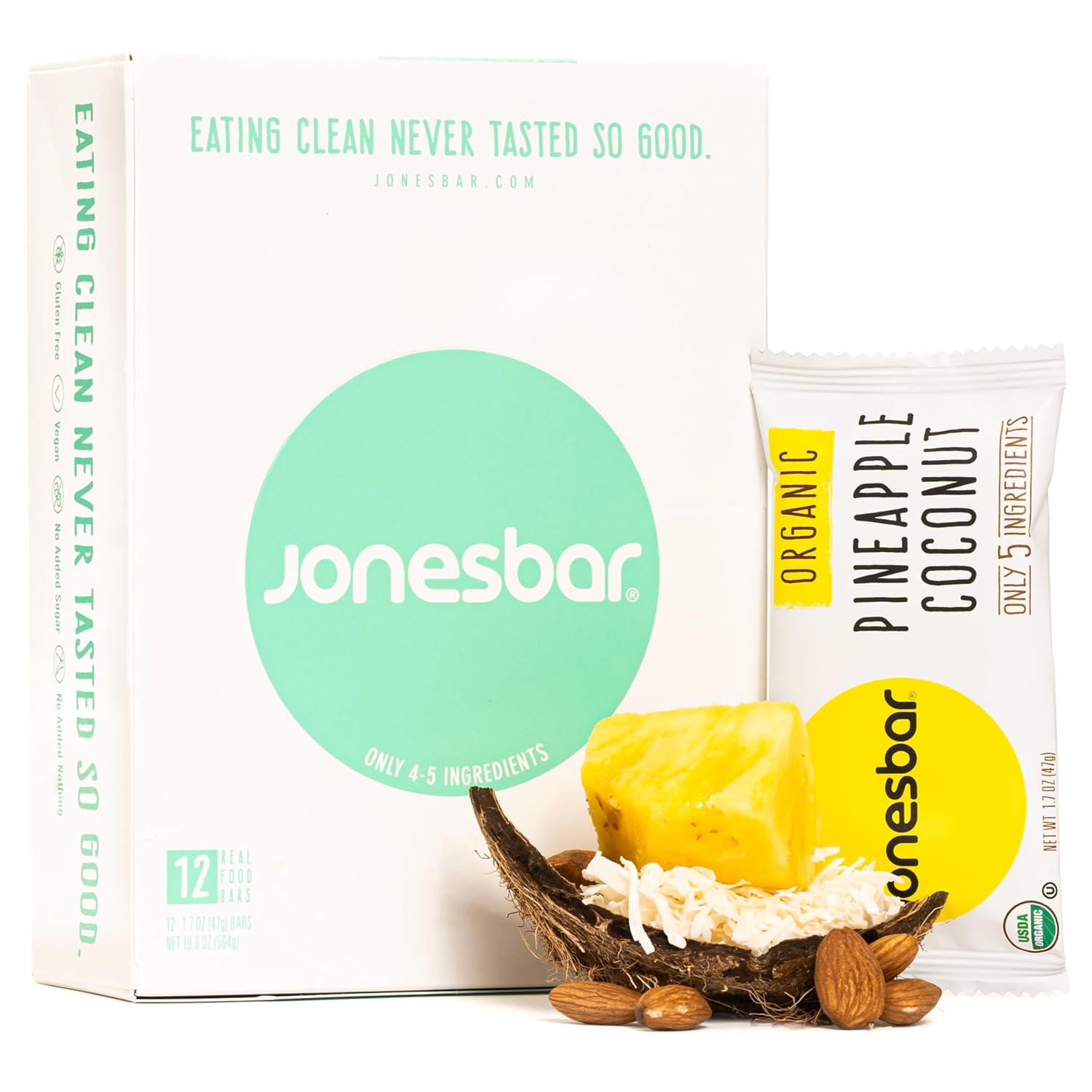 JONESBAR (Pineapple and Coconut, 12 Count (Pack of 1)), USDA Organic Fruit & Nut Bar, Non-GMO, Kosher, Vegan, Gluten Free, Simple Snack Bar
