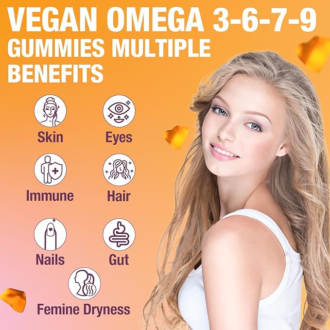 Omega-7 Sea Buckthorn Oil Gummies, Omega 3 6 7 9 Supplement for Women, Flaxseed Oil, Vitamins E, A & Probiotics - Skin, Eye & Dryness, Chamomile Flavor - 120 Gummies