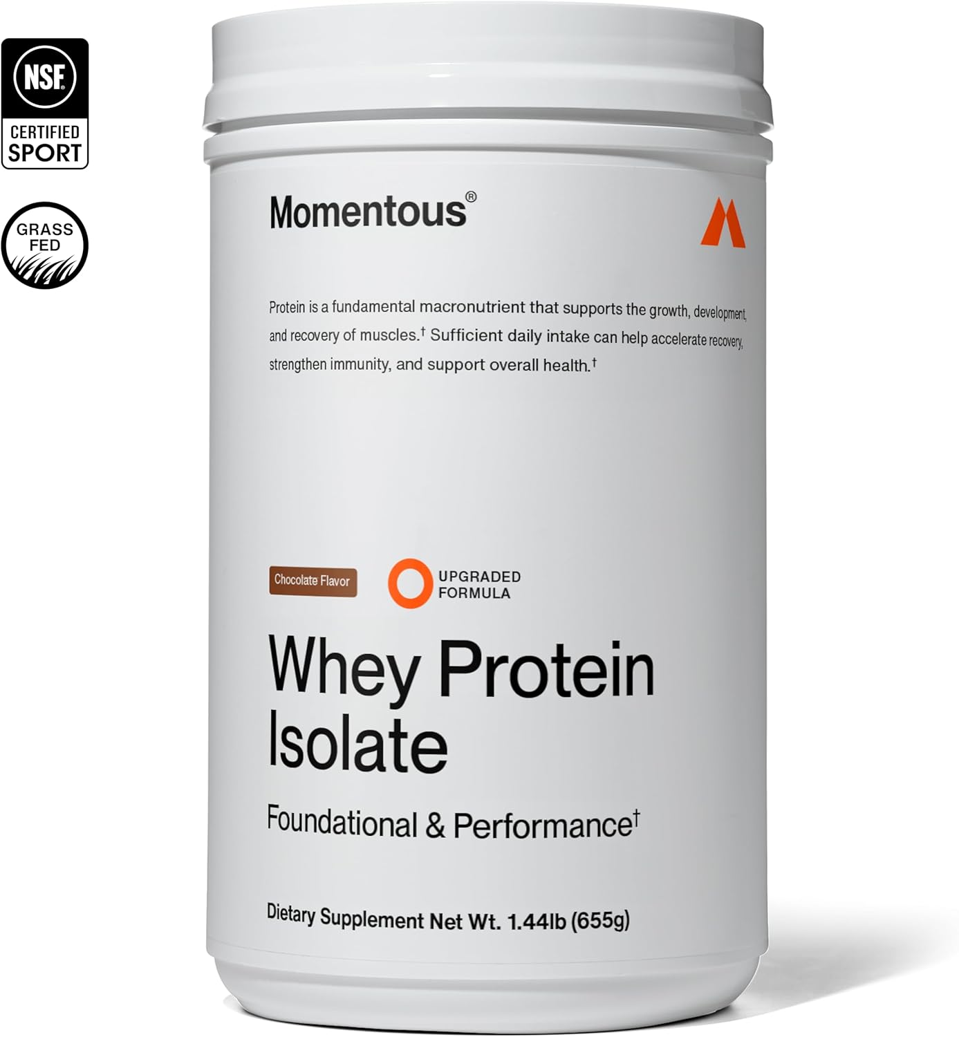Momentous Essential Grass-Fed Whey Protein Powder - 20 g Whey Isolate Protein - NSF Certified for Sport - Gluten-Free - 24 Servings for Essential Everyday Use - Chocolate - Package May Vary