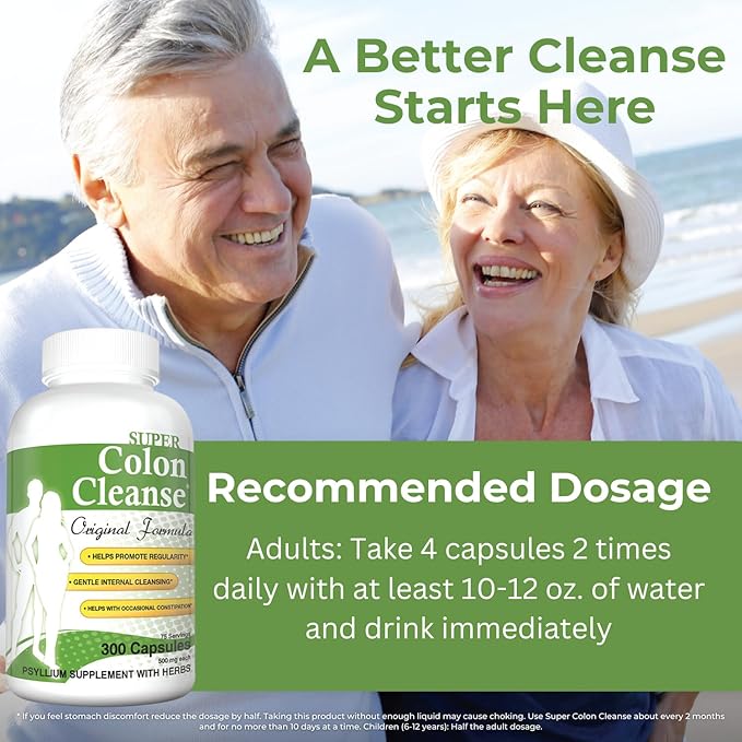 Health Plus Super Colon Cleanse Original Formula (1990-2025), 300 Capsules, 6 Cleanses - Digestive Support, Constipation Relief with Psyllium Husk and Senna Leaf