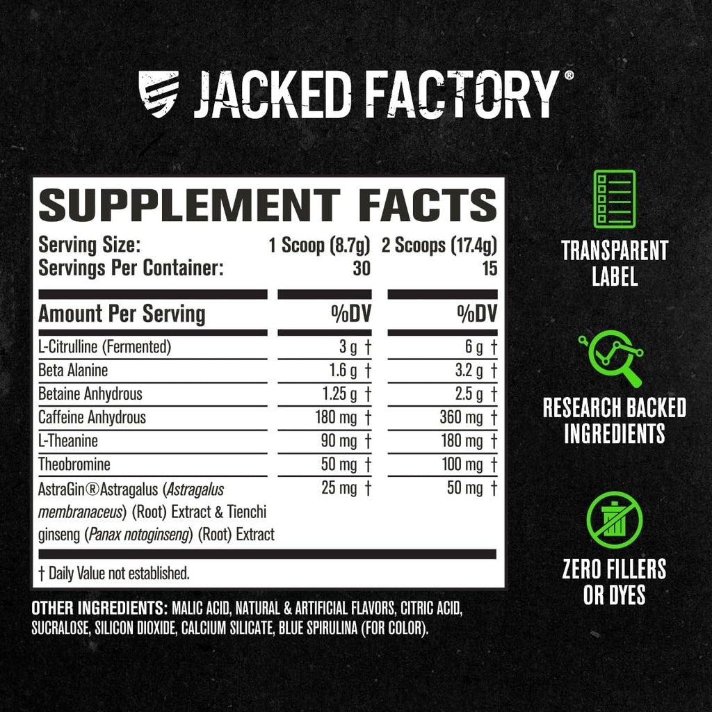 Jacked Factory NITROSURGE Pre Workout Supplement - Energy Booster, Instant Strength Gains, Clear Focus & Intense Pumps - NO Booster & Powerful Preworkout Energy Powder - 30 Servings, Blue Raspberry