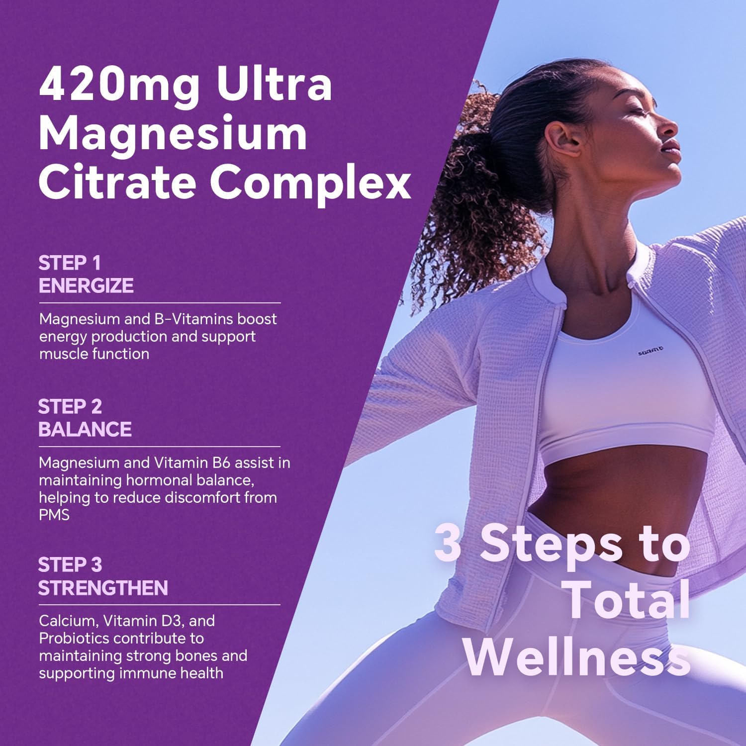 Magnesium Citrate Gummies 420mg for Adult - Dual Layer - w/10 Billion CFU - 5 Strains Probiotics & Calcium, D3, Biotin, Iron, B6, B12, Folate, Support for Bone, Nerve, Relaxation, Muscle - Vegan 60Cts