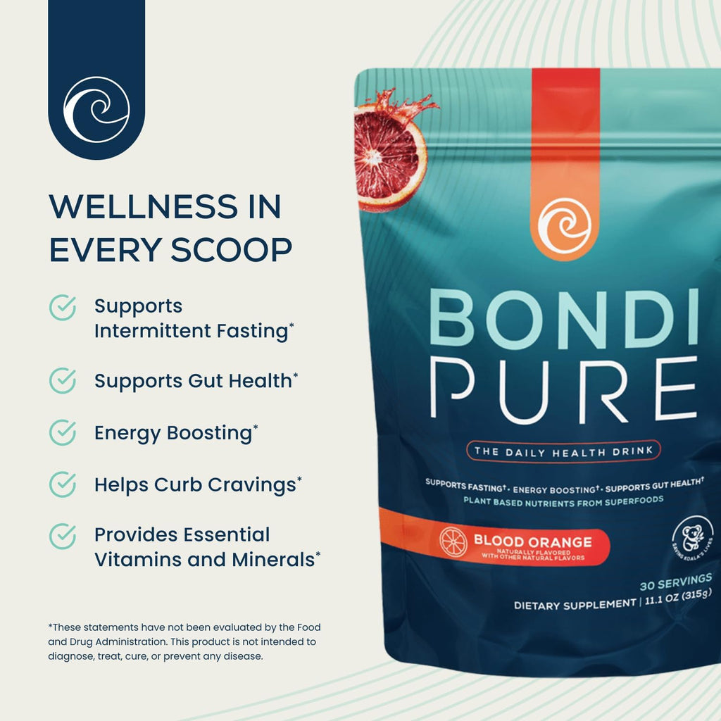 Bondi Pure - Daily Health & Detox Drink - Promote Gut Health & Energy Support During a Cleanse or Intermittent Fasting - Plant-Based Fibers, Alkalizing Super Greens - Blood Orange (2-Pack)