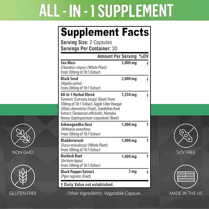 Sea Moss Black Seed Oil Ashwagandha Turmeric Bladderwrack Burdock Root | Advanced Sea Moss Capsules All in One Supplement with Seamoss Black Seed Oil Burdock Root Capsules - 60 Count
