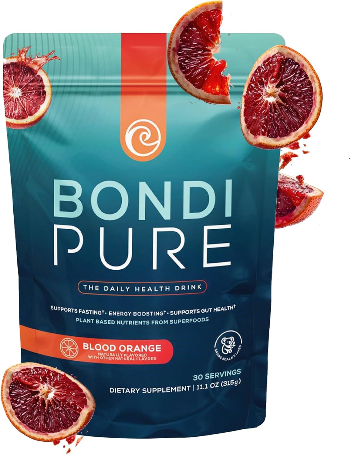 Bondi Pure - Daily Health & Detox Drink - Promote Gut Health & Energy Support During a Cleanse or Intermittent Fasting - Plant-Based Fibers, Alkalizing Super Greens - Blood Orange (30 Servings)