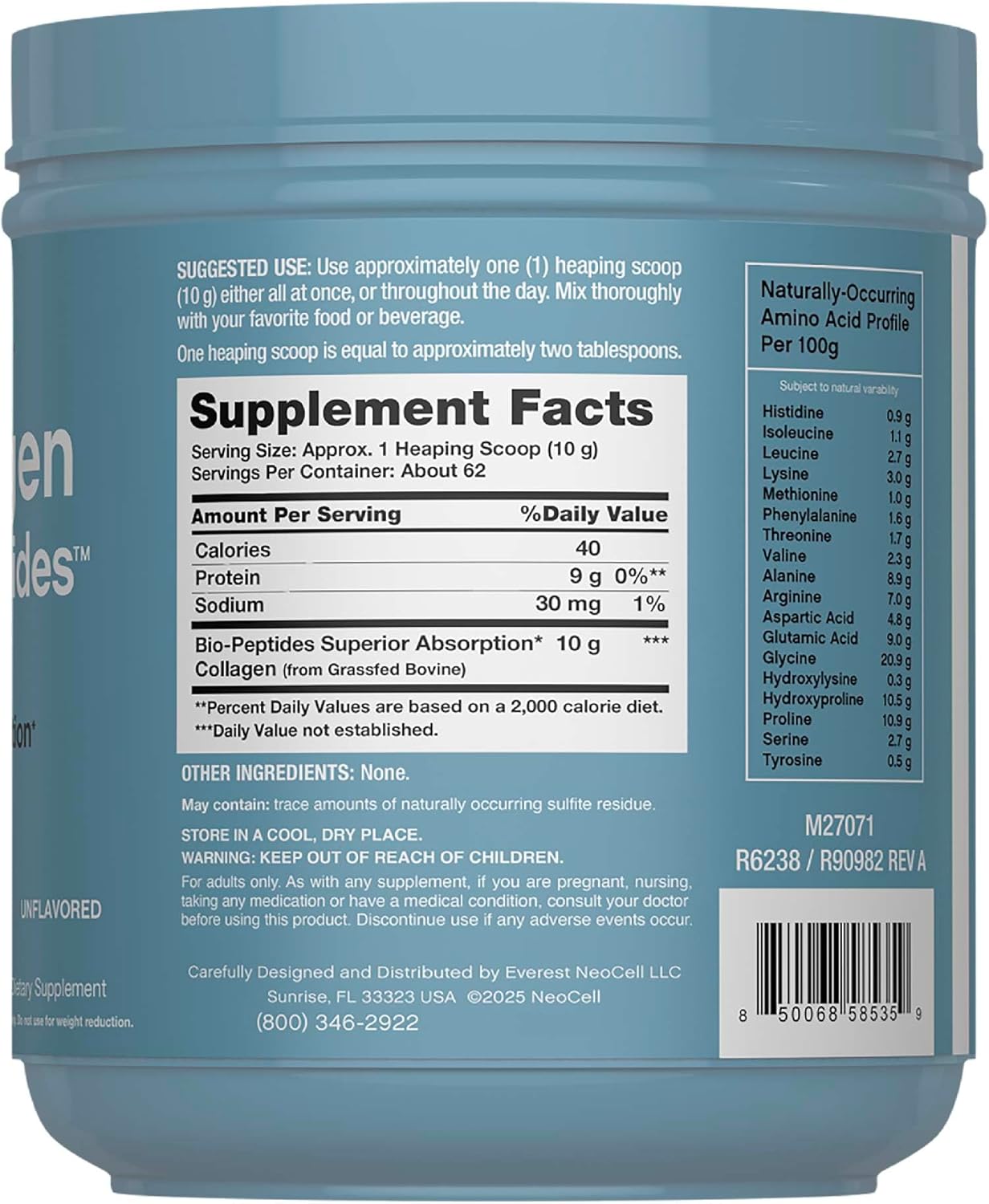 NeoCell Collagen Bio-Peptides Powder | 22oz | Super Hair, Skin, and Nails | Superior Absorption | Grassfed Protein Supplement | Advanced with 18 Essential Amino Acids