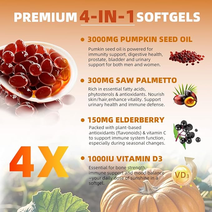 Pumpkin Seed Oil with Saw Palmetto, 300 Softgels | 4 in 1 Vitamin D3 & Elderberry, 3000mg Cold Pressed & Pure Virgin Oil | Supports Hair, Urinary, Bladder & Prostate Health, Immune | Vegan, Non-GMO