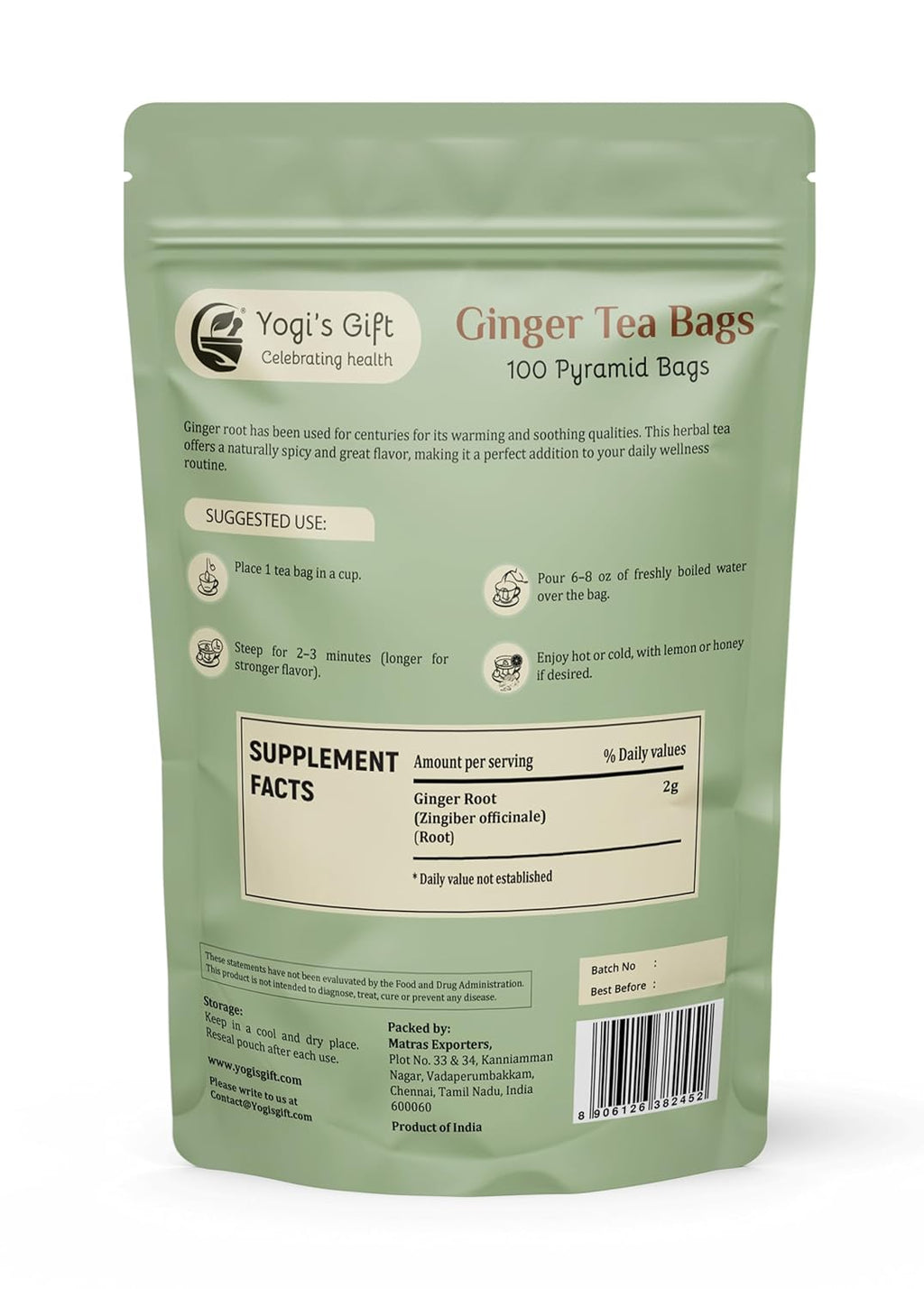 Ginger Tea Bags – 100 Count Pyramid Tea Bags – 100% Pure dried ginger root tea – Bold & Spicy Herbal Flavor Ginger Tea – By Yogi’s Gift®