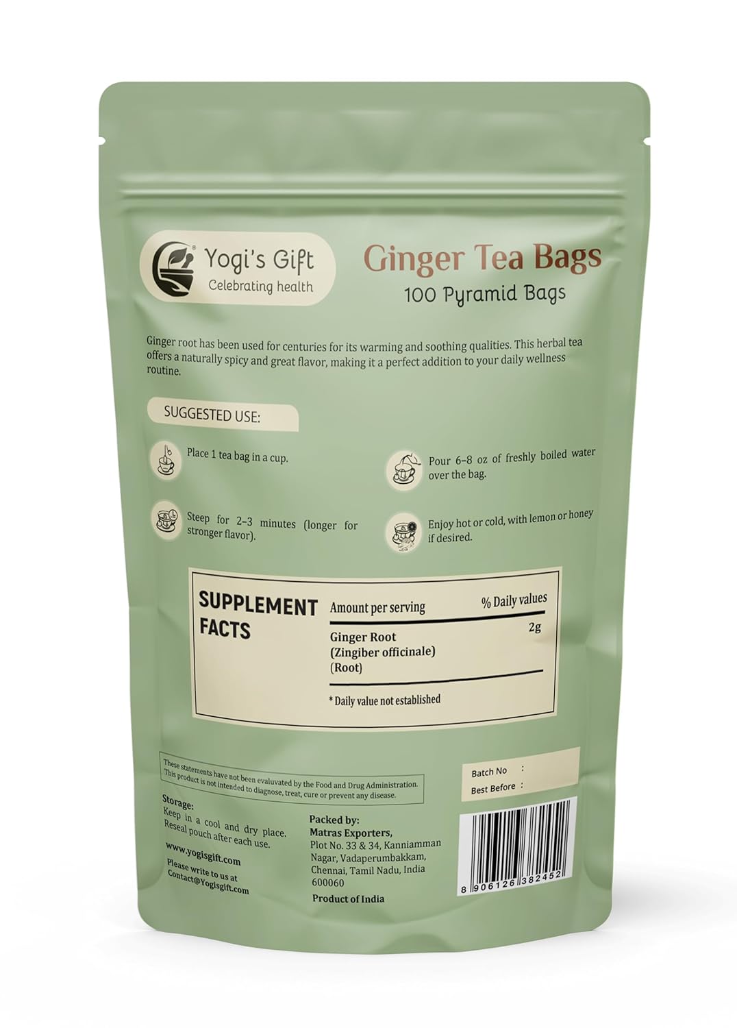 Ginger Tea Bags – 100 Count Pyramid Tea Bags – 100% Pure dried ginger root tea – Bold & Spicy Herbal Flavor Ginger Tea – By Yogi’s Gift®