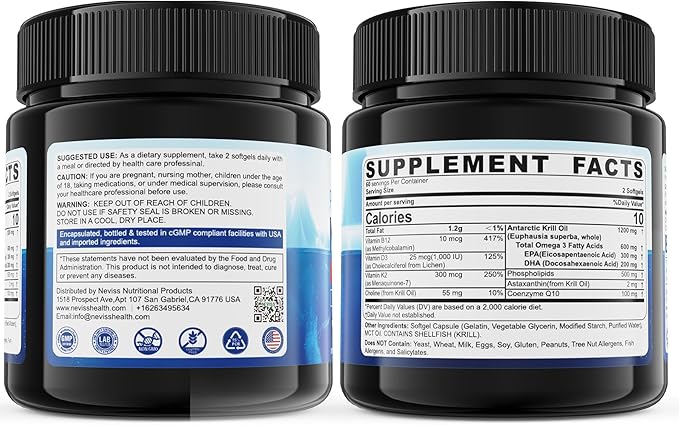 2 Pack Antarctic Krill Oil Omega 3 Softgels 1200mg (Made in USA) W/Phospholipids, Choline & Astaxanthin, Sustainably Sourced of Omega-3s EPA, DHA Support Brain, Antioxidant & Immunity, No Fish Burp