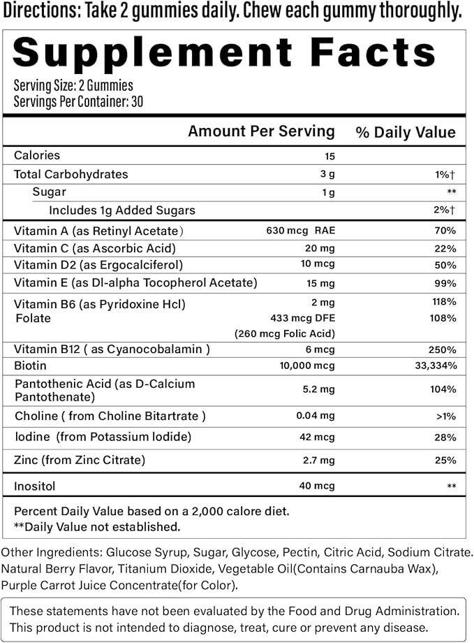 Biotin Gummies -Hair Skin and Nails Vitamins for Men & Women, Vegan Vitamin B7, Supports Hair Growth and Stronger Nails,30 Day Supply - Blueberry-60 Counts