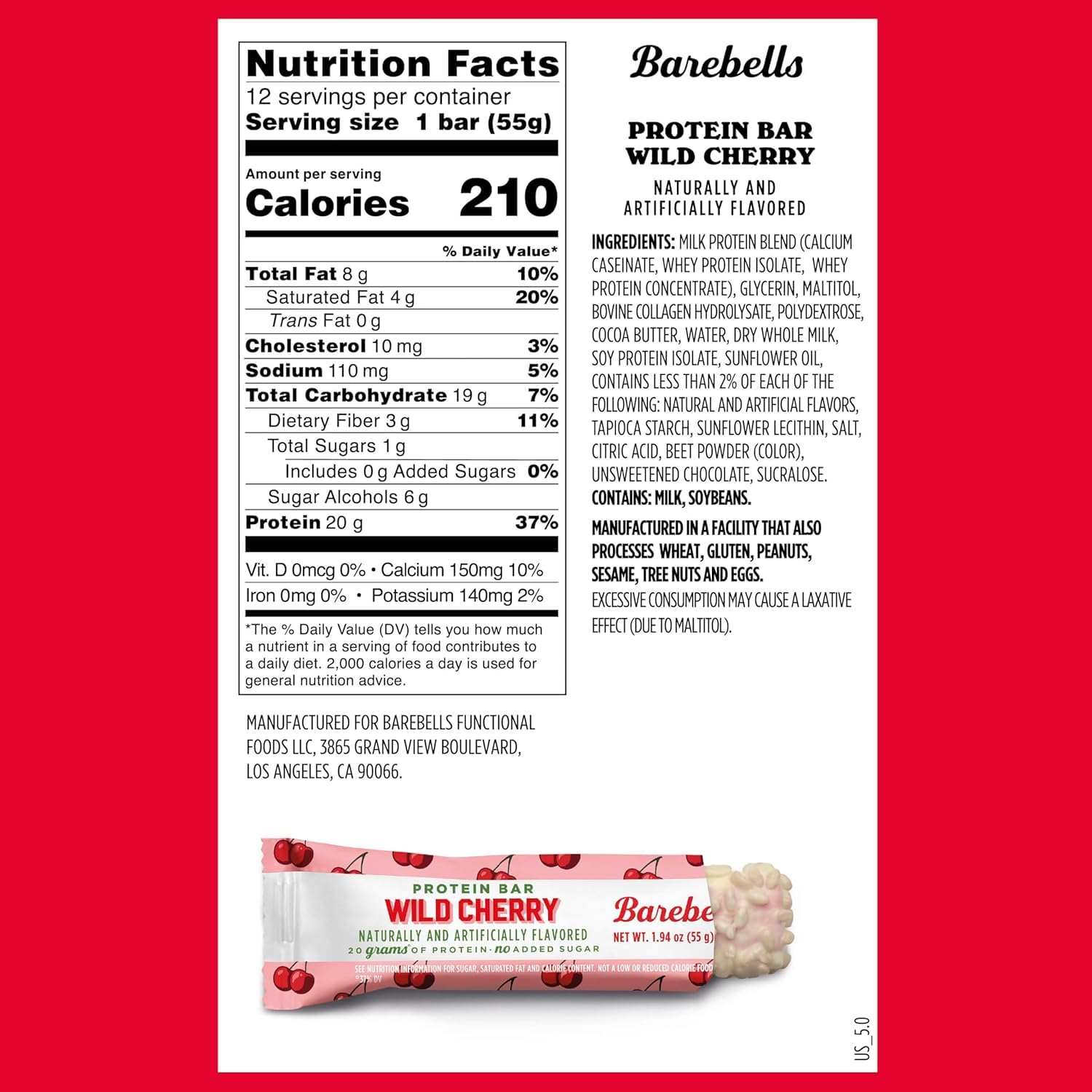 Barebells Protein Bars Wild Cherry - 12 Count, 1.94 oz Bars - Snacks with 20g of High Protein - Chocolate Nutrition Bar with 1g of Total Sugars - On The Go Snack & Breakfast Bars