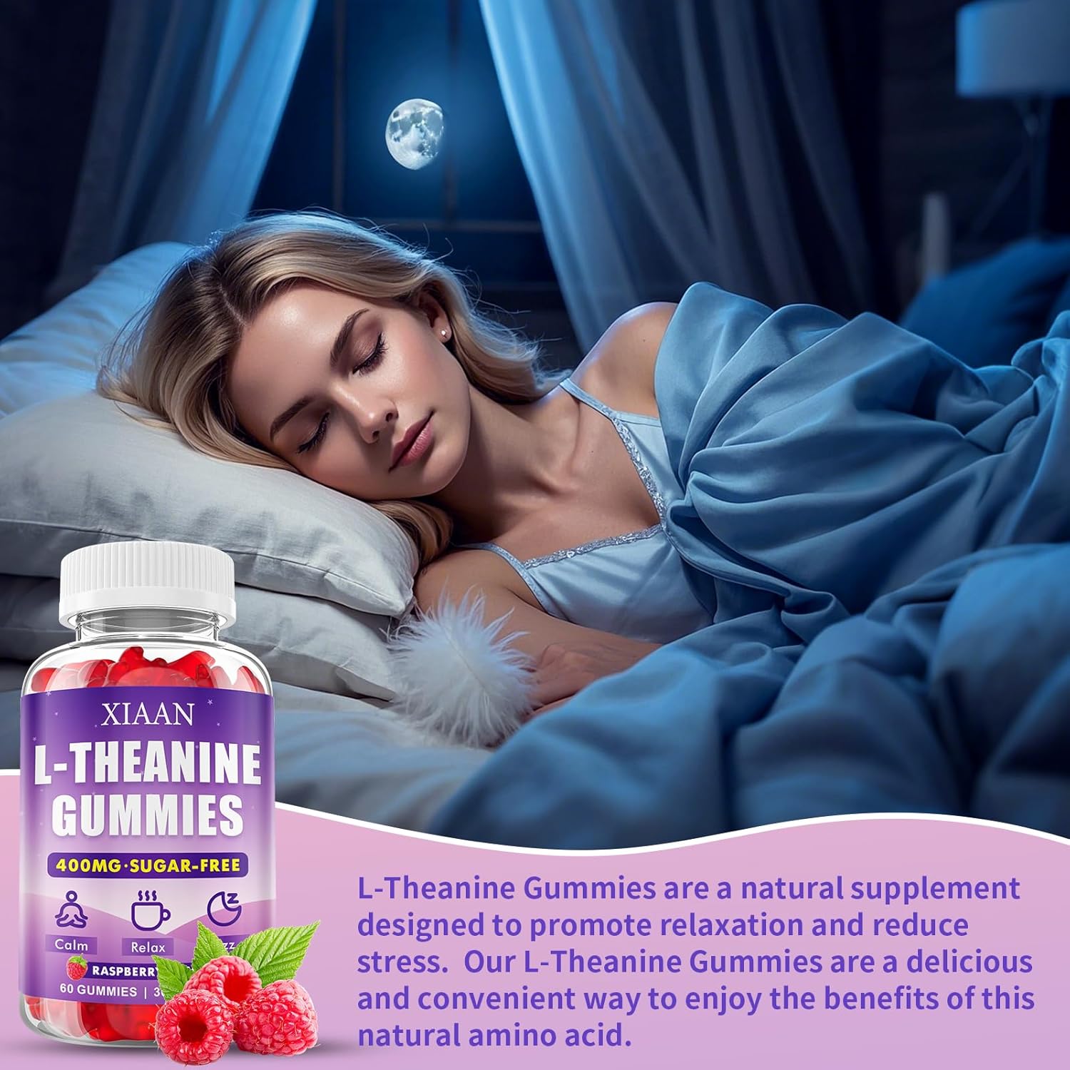 L-Theanine Gummies for Kids & Adults, L'Theanine 400mg Chewable L Theanine Supplement for Calm, Zzz & Relaxation Support, Vegan, Organic, Raspberry Flavor, 120 Counts