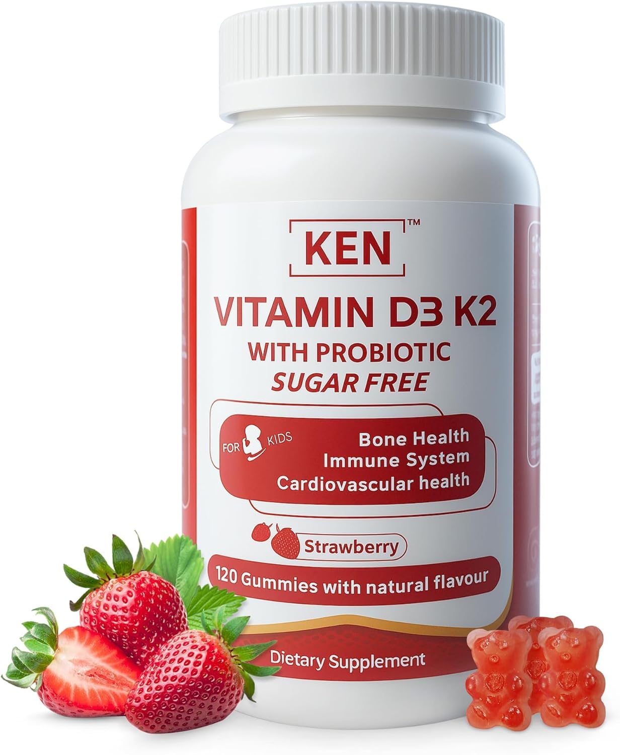 KEN Vitamin D3 K2 with Probiotic for Kids, Sugar-Free Gummies for Calcium Absorption, Bone Support, 5 Billion CFU Probiotics for Gut Balance and Immune Function, Non-GMO 120 Strawberry Flavor Gummies