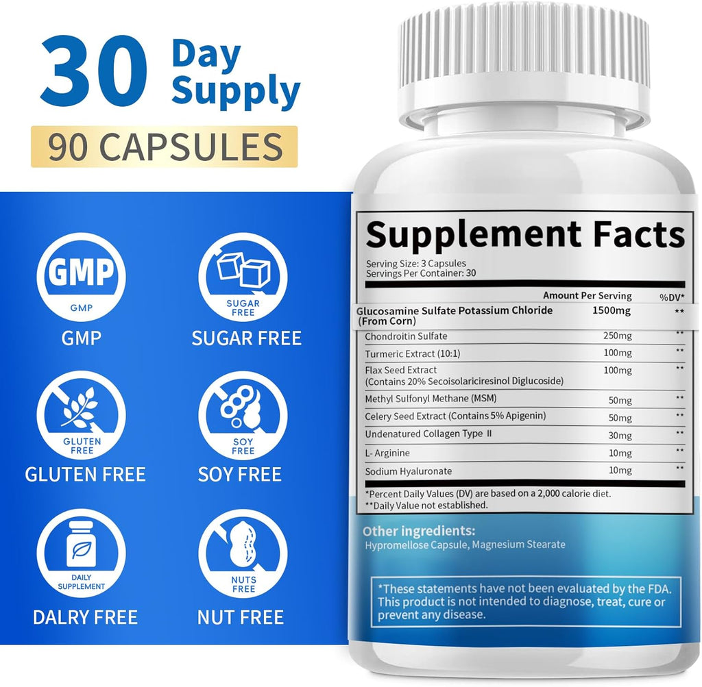 Glucosamine Chondroitin MSM Capsules,Glucosamine 1500mg with Collagen, Turmeric, Joint Supplements for Men,180 Capsules