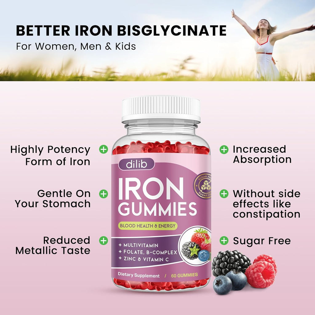 Iron Gummies with Multivitamin, Iron Supplement for Women & Men with Zinc, Vitamin B Complex & C, B12, Folate - Blood Builder & Energy Support for Adults & Kids - Mixed Berry Flavor, Vegan 60 Gummies