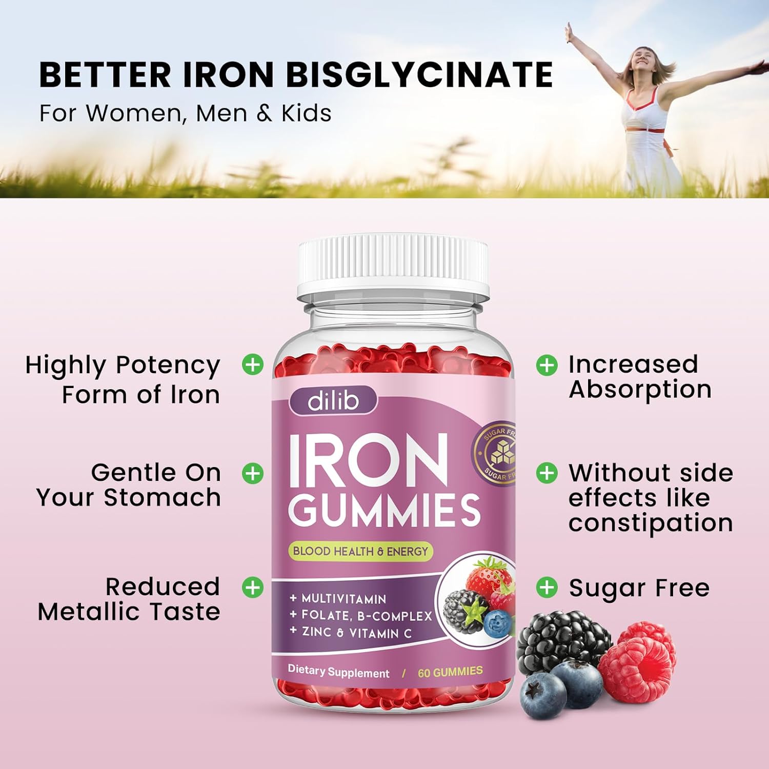 Iron Gummies with Multivitamin, Iron Supplement for Women & Men with Zinc, Vitamin B Complex & C, B12, Folate - Blood Builder & Energy Support for Adults & Kids - Mixed Berry Flavor, Vegan 60 Gummies