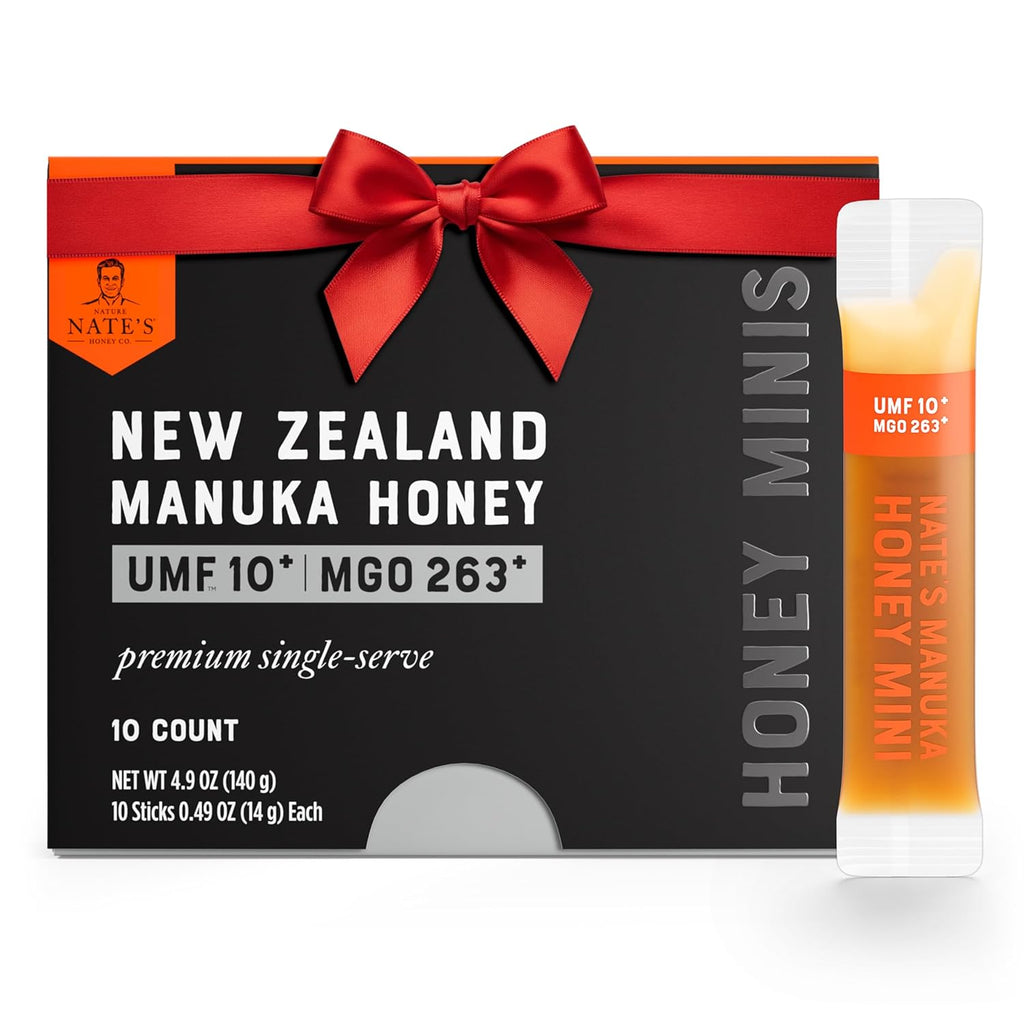 Nate's Manuka Honey Minis - 10 count Single-serve, Pure Manuka Honey - MGO 263+ | UMF Certified 10+ - 10 Single-Serve Packets for On-the-Go Daily Wellness