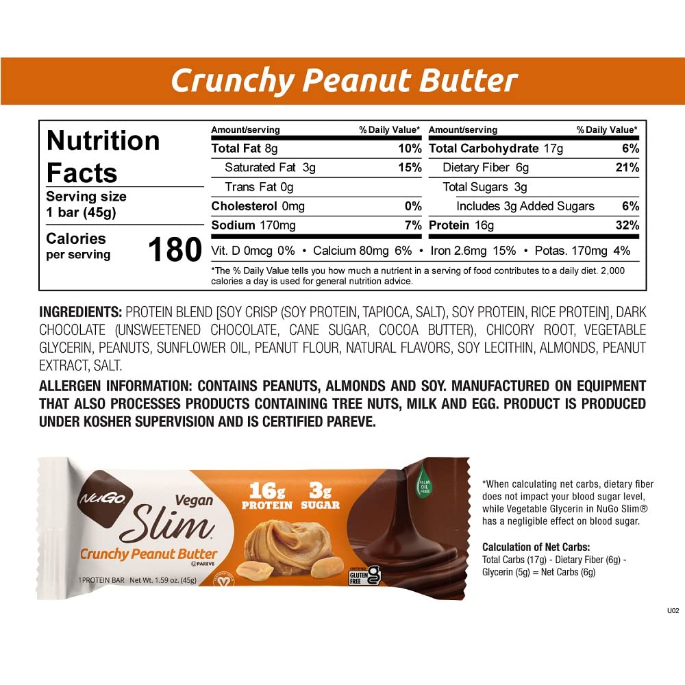 NuGo Slim Dark Chocolate Crunchy Peanut Butter, 17g Vegan Protein, 3g Sugar, 7g Fiber, Low Net Carb, Keto Friendly, Gluten Free, 12 Count